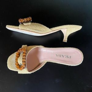 PRADA Slides Amber BeadBuckle Kitten Heel Tan 35.5